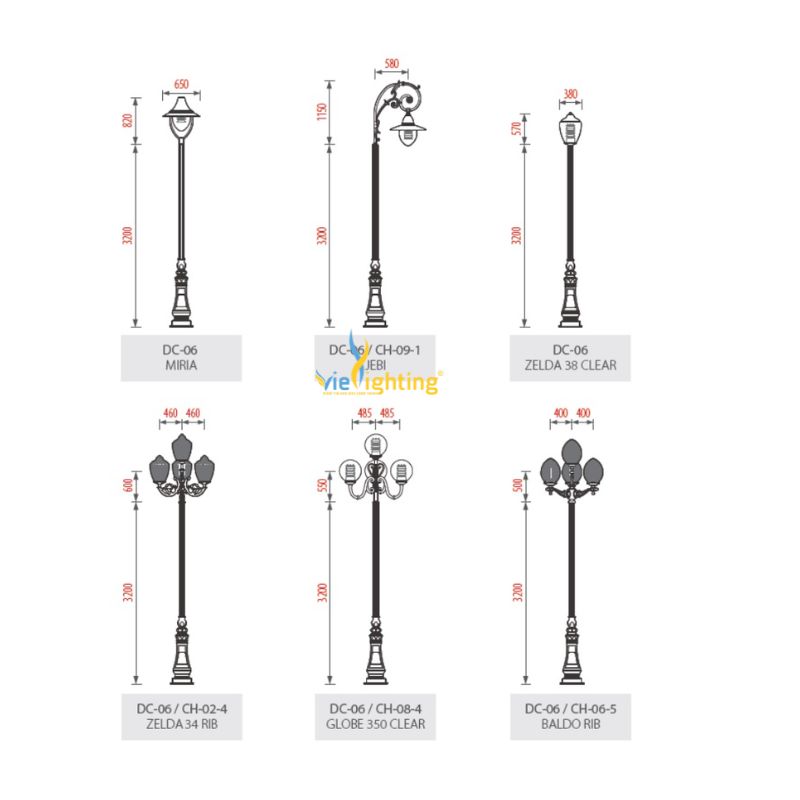 Một số mẫu cột đèn khác tương tự cột đèn sân vườn cao cấp VI-DC-06